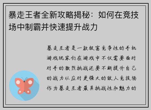 暴走王者全新攻略揭秘：如何在竞技场中制霸并快速提升战力